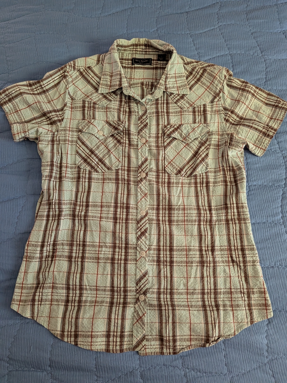 Bit & Bridle Short Sleeve Plaid Button-Down Shirt - Light Green & Brown